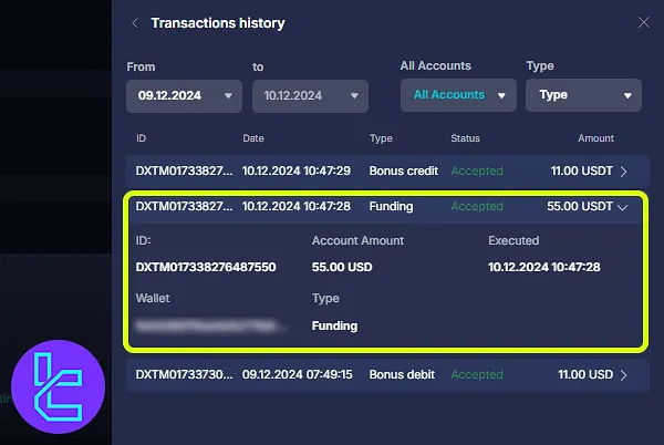 Daxbase ERC-20 payment in the transaction history section