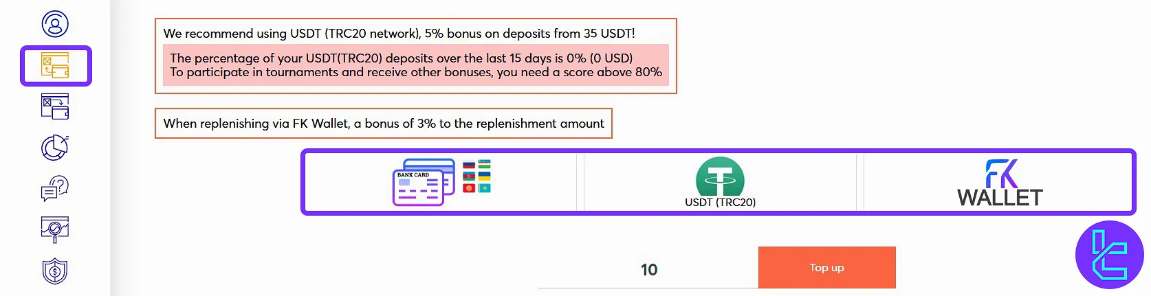 Intrade Bar user cabin deposit section