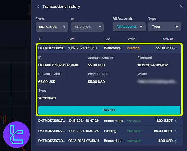 Daxbase TRC-20 cash out in transaction history