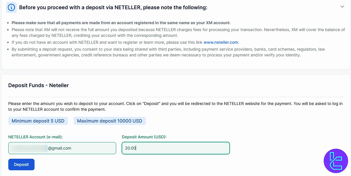 XM Group payment using Neteller