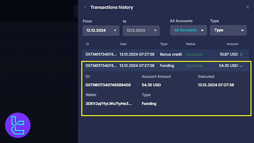 BTC Deposit History on Daxbase