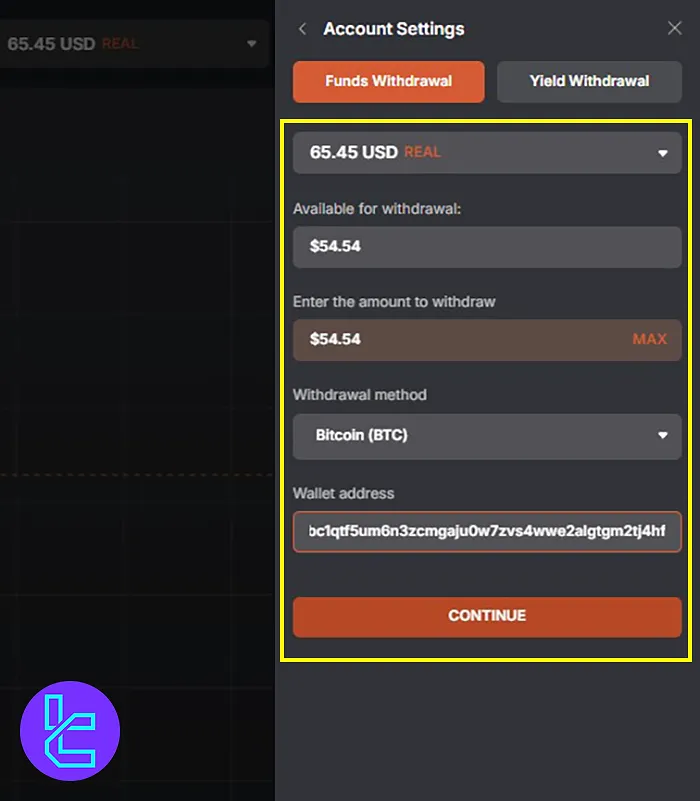 Filling in the withdrawal fields for Tradonex BTC Withdrawal