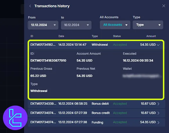 Daxbase Bitcoin payout in transaction history page