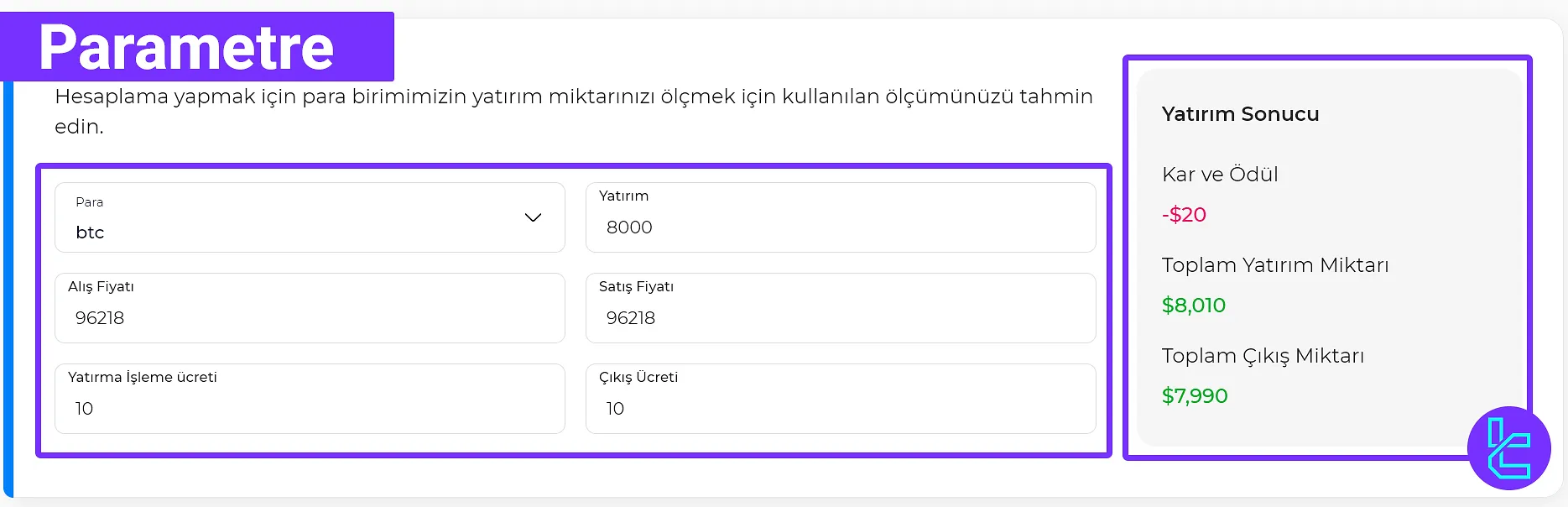 TradingFinder Kripto Kâr Hesaplayıcının giriş ve çıkış değerleri