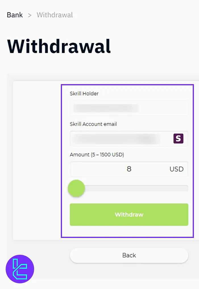 Inserting the Binarium Skrill Withdrawal Details