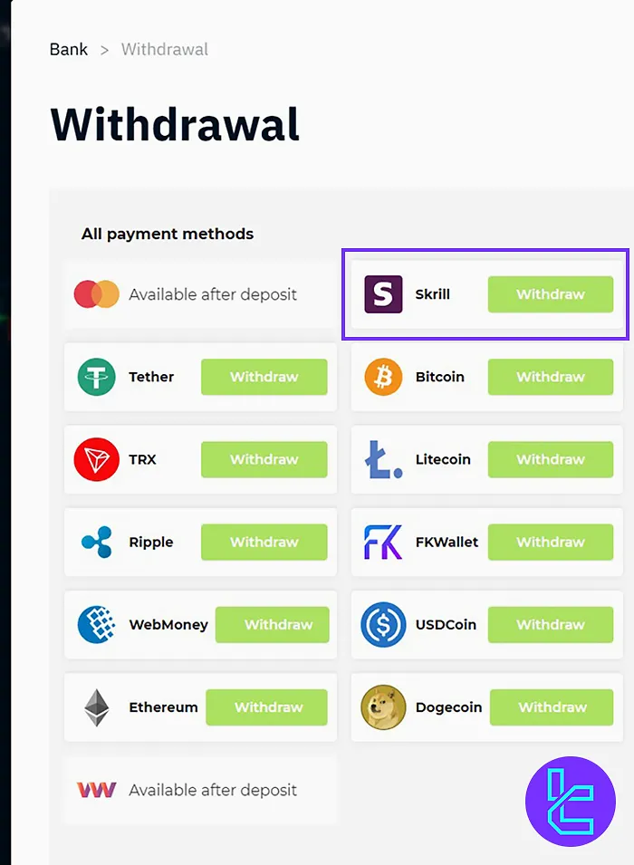 Choosing Skrill as the Withdrawal option in Binarium