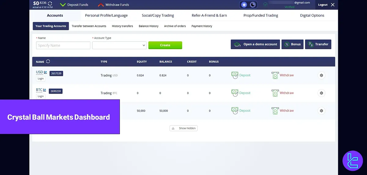 Crystal Ball Markets Dashboard - Workspace with [6 main sections] 2025