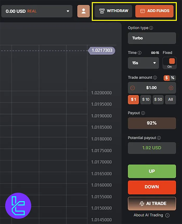 Tradonex deposits and withdrawals options in the trading workspace