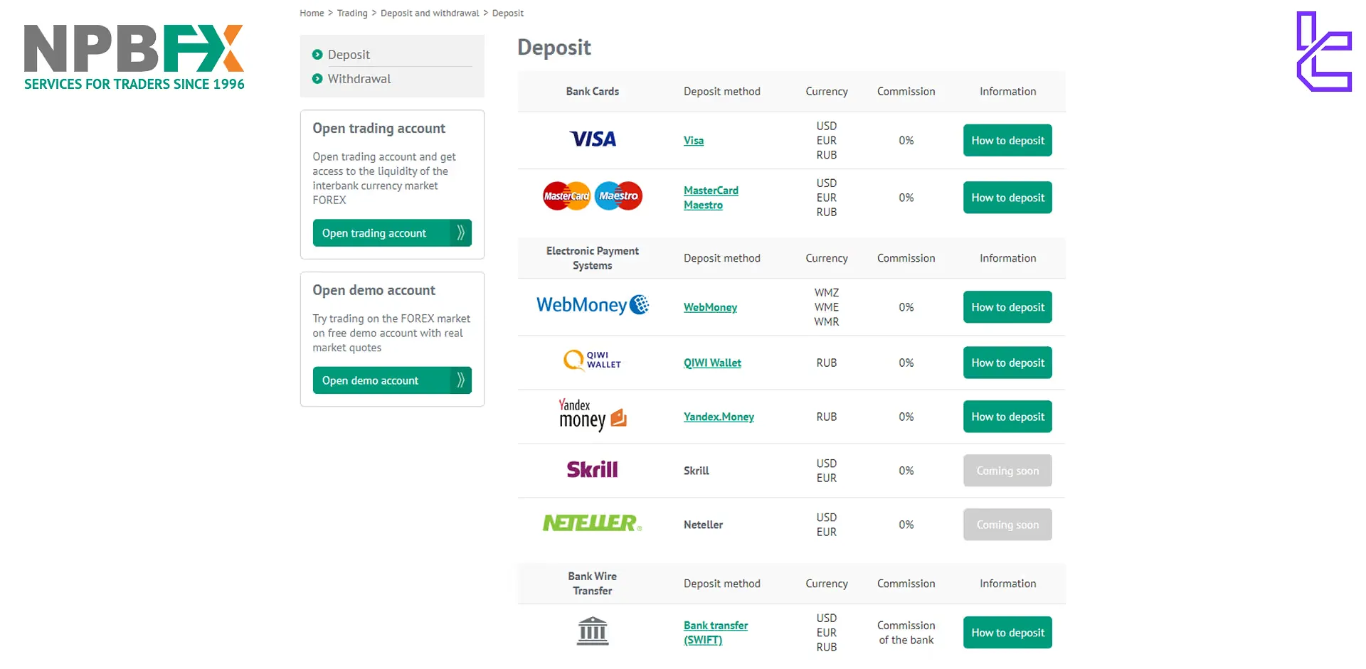 NPBFX deposit and withdrawal methods