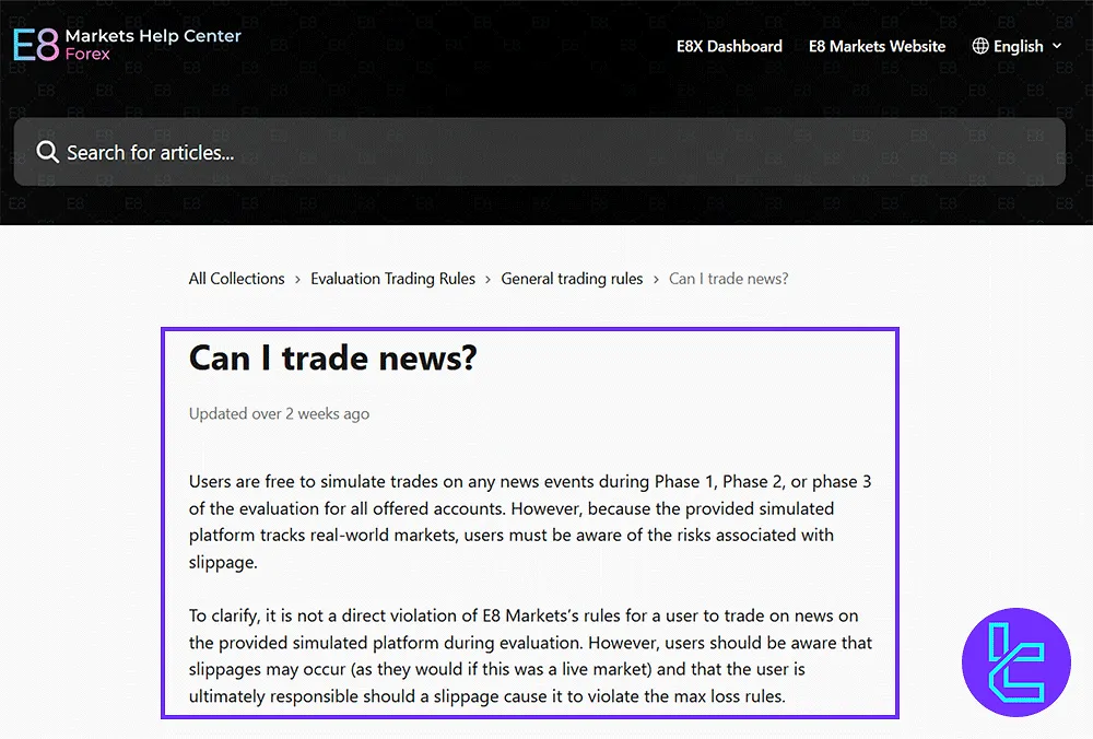 News Trading in E8 Markets and Rules