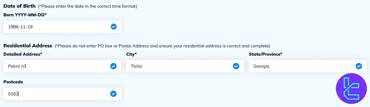 TMGM sign-up address information form