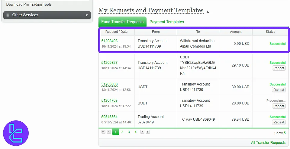 Alpari Option TRC-20 payout on Transaction history section