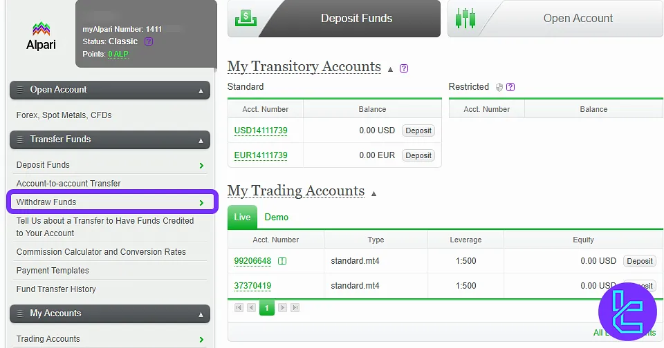 Alpari Option TRC-20 payout “Withdraw Funds” section