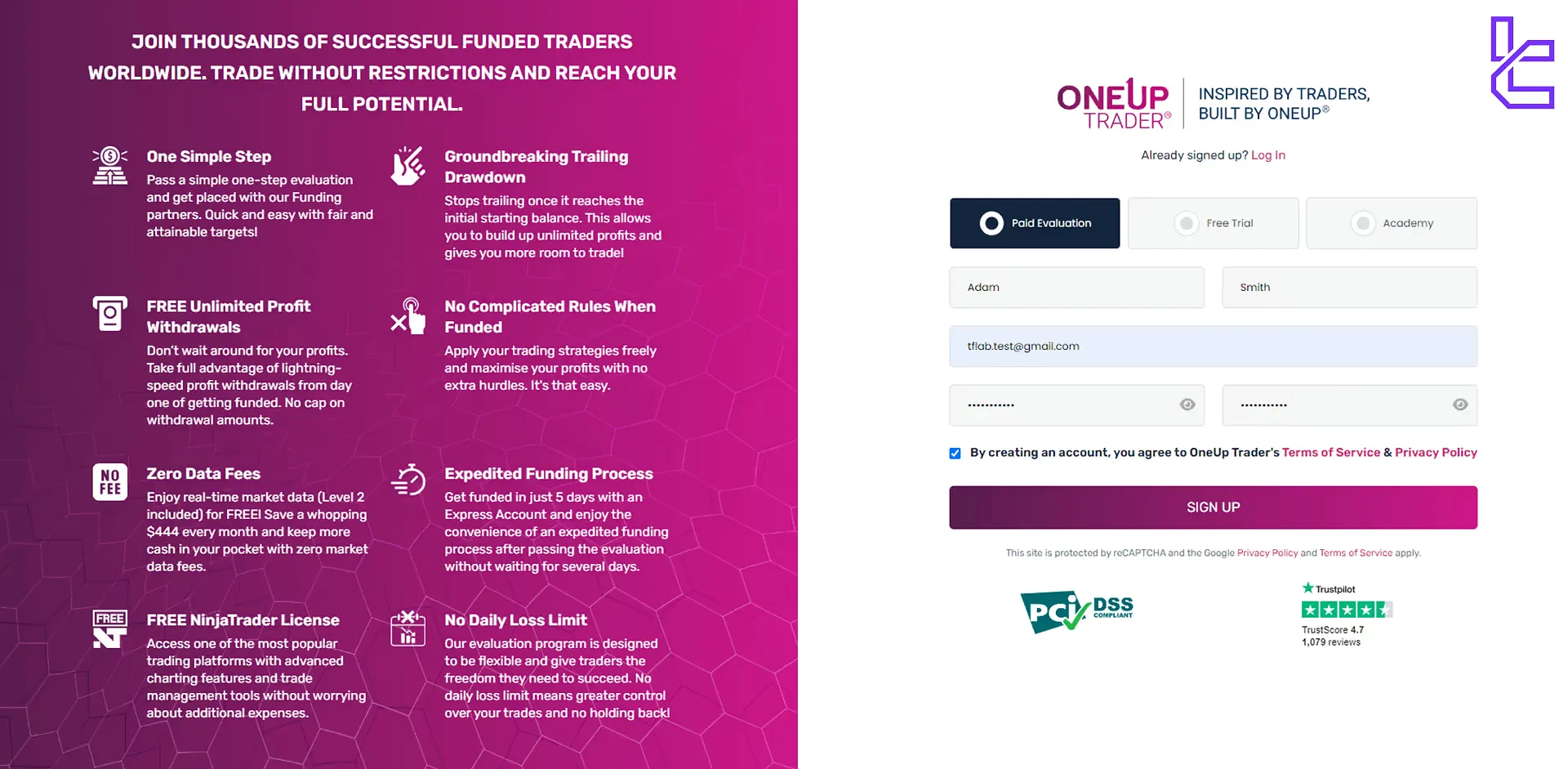 OneUp Trader registration