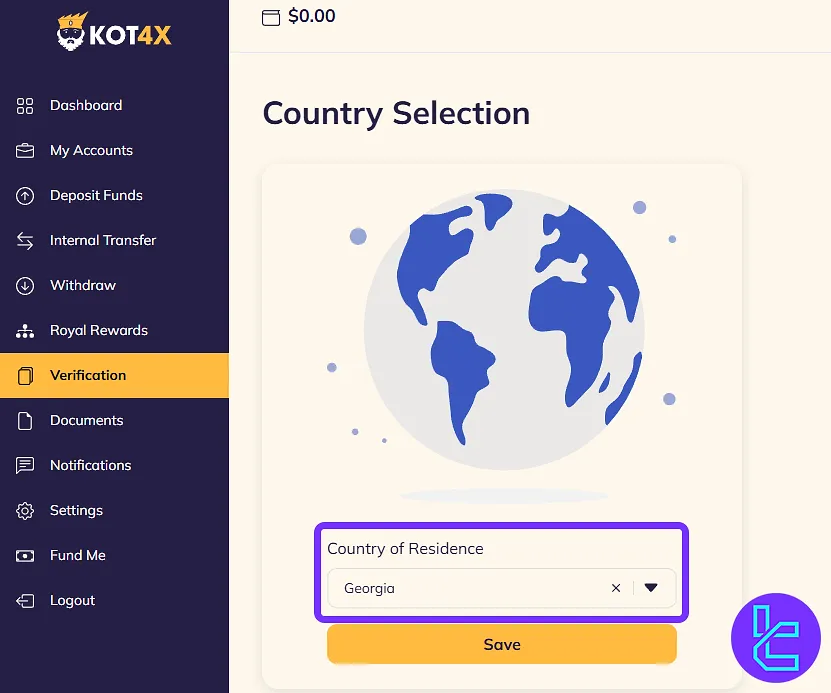 Country selection step for KOT4X authentication