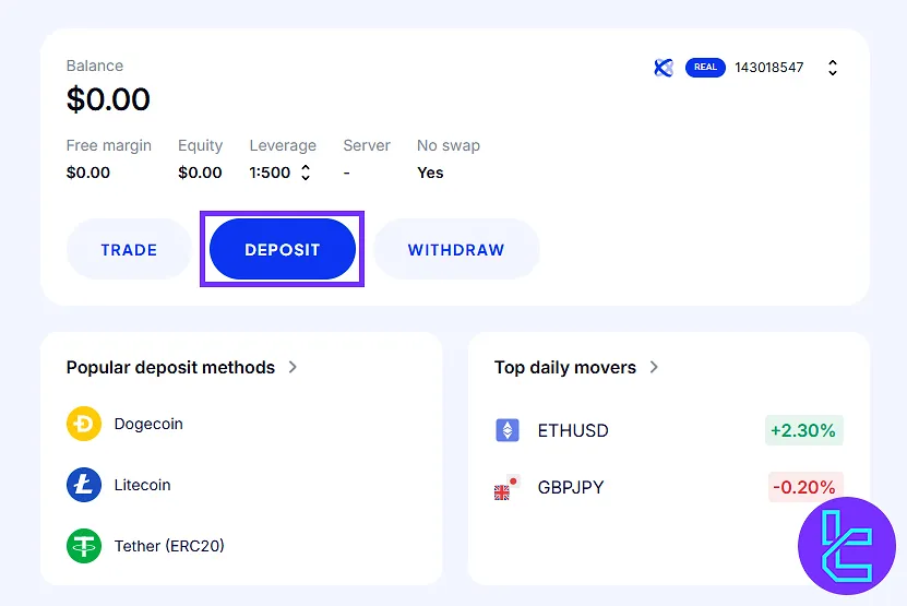 OctaFX TRC20 funding process first step