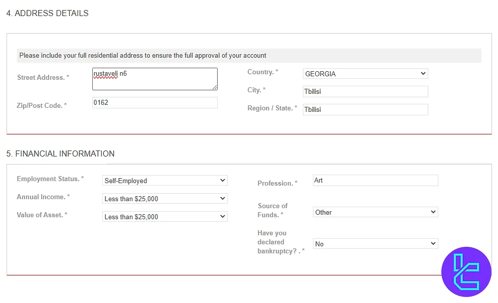 Financial profile completion and address entry in the Yadix sign-up process