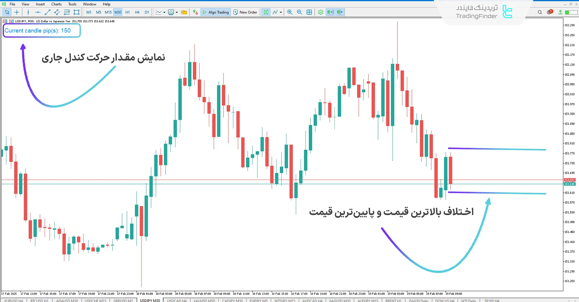 نحوه کارکرد اندیکاتور نمایش کندل جاری در کندل نزولی