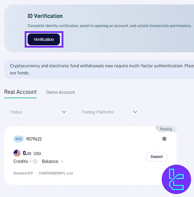 STARTRADER authentication section in the dashboard