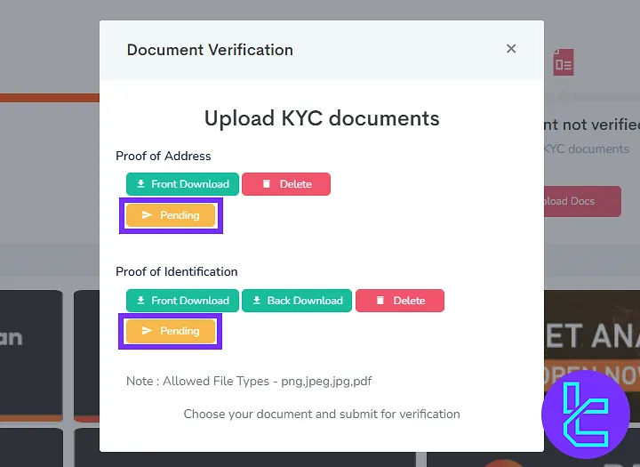 TNFX document verification status check on the dashboard