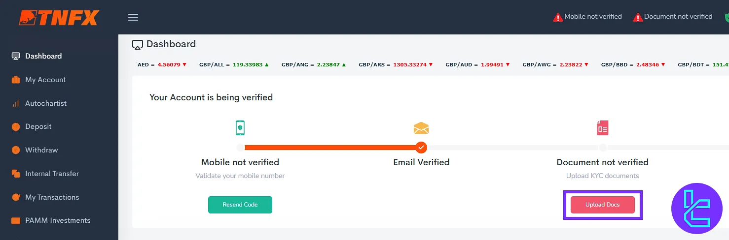 TNFX KYC section in the dashboard