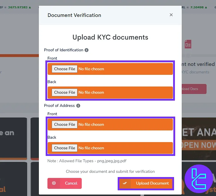 TNFX KYC identity and address document upload
