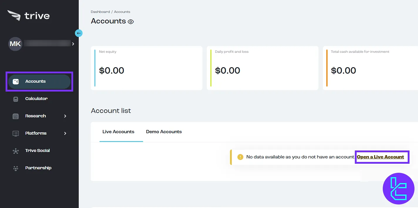 Trive account authentication from dashboard