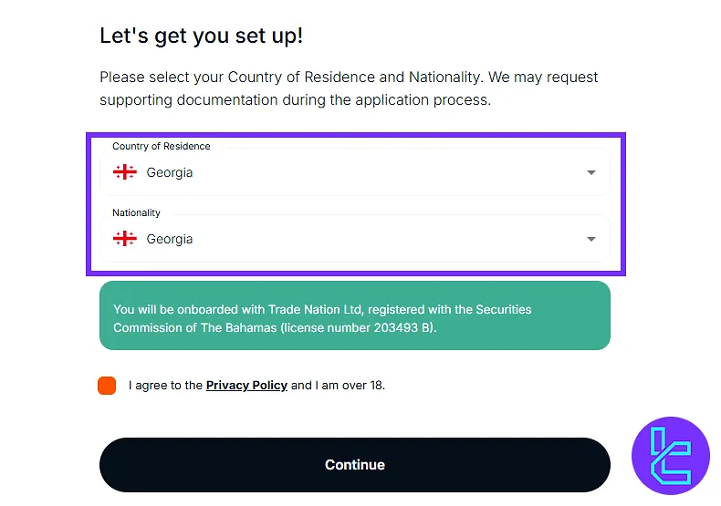 Trade Nation sign-up form for selecting country and nationality