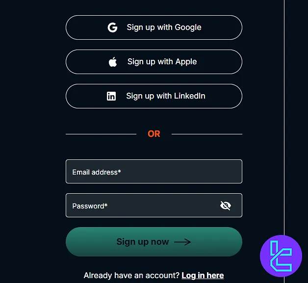 Trade Nation sign-up form with email and password fields