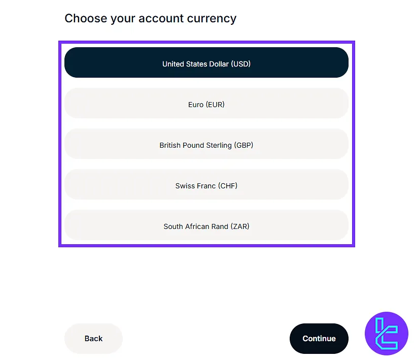 Account currency selection for the Trade Nation registration process
