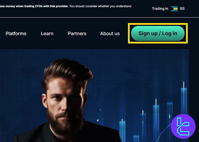 Trade Nation website homepage with "sign-up/Log In" button