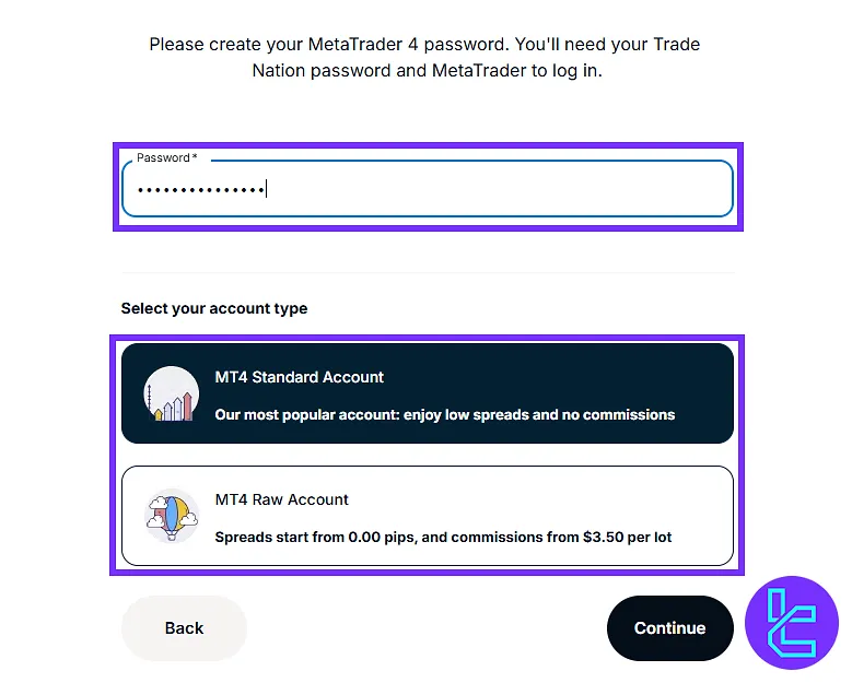Account type selection during the Trade Nation registration process