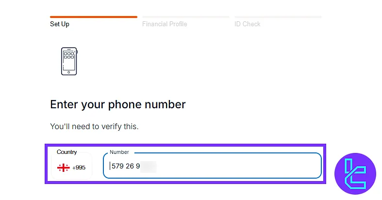 Trade Nation sign-up form for phone number entry