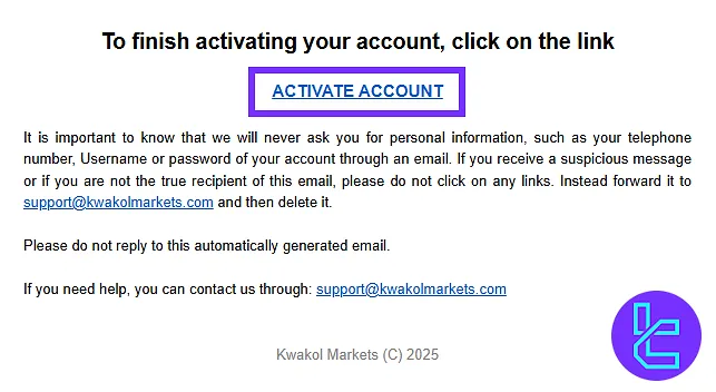 Kwakol Markets sign-up process requires activating the account by email