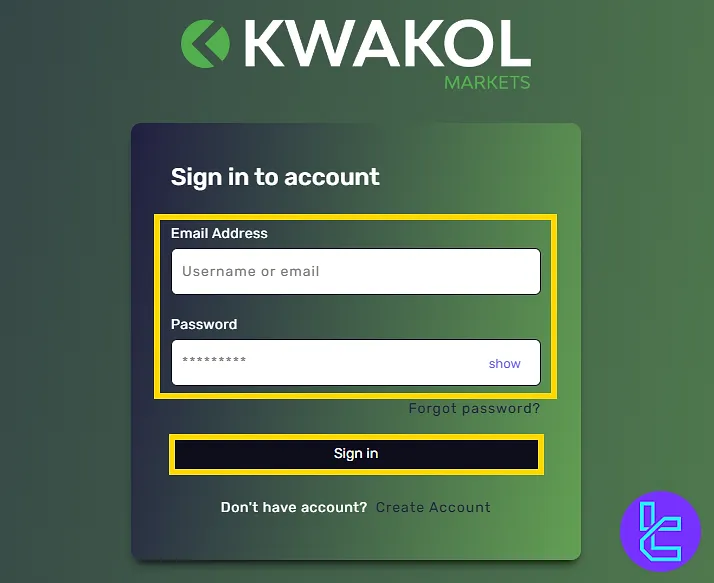 Kwakol Markets login page with email and password entry after account creation