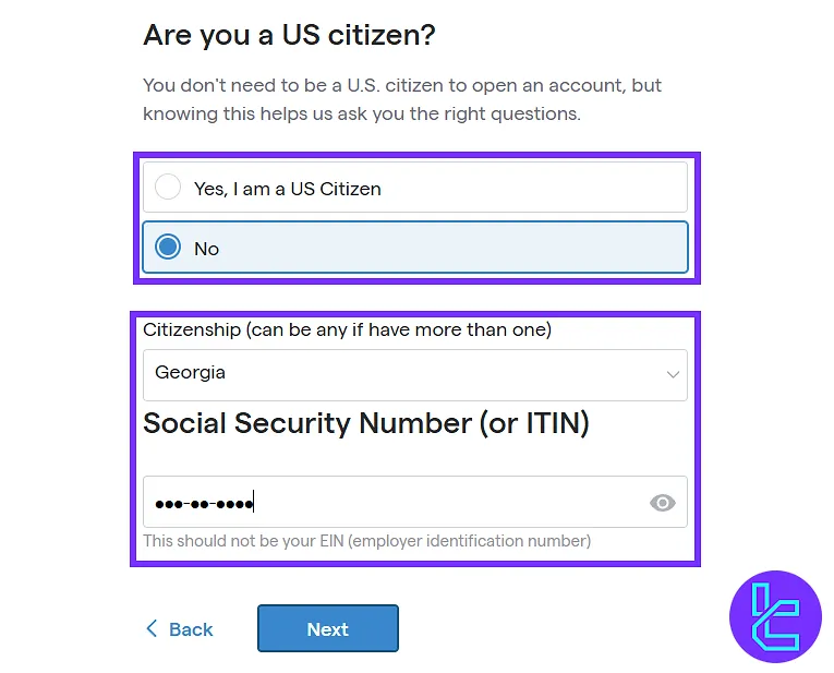 TastyFX citizenship selection and Social Security Number entry during account creation