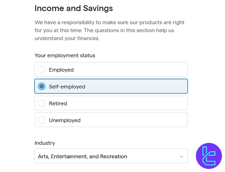 TastyFX financial profile page for income and experience details to complete the sign-up process