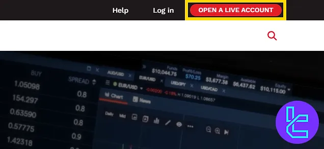 TastyFX sign-up broker website with the "open live account" button