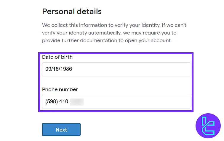 TastyFX account creation form for entering the date of birth and phone number