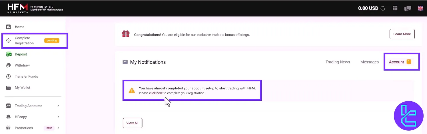 HF Markets verification step after completing the registration process