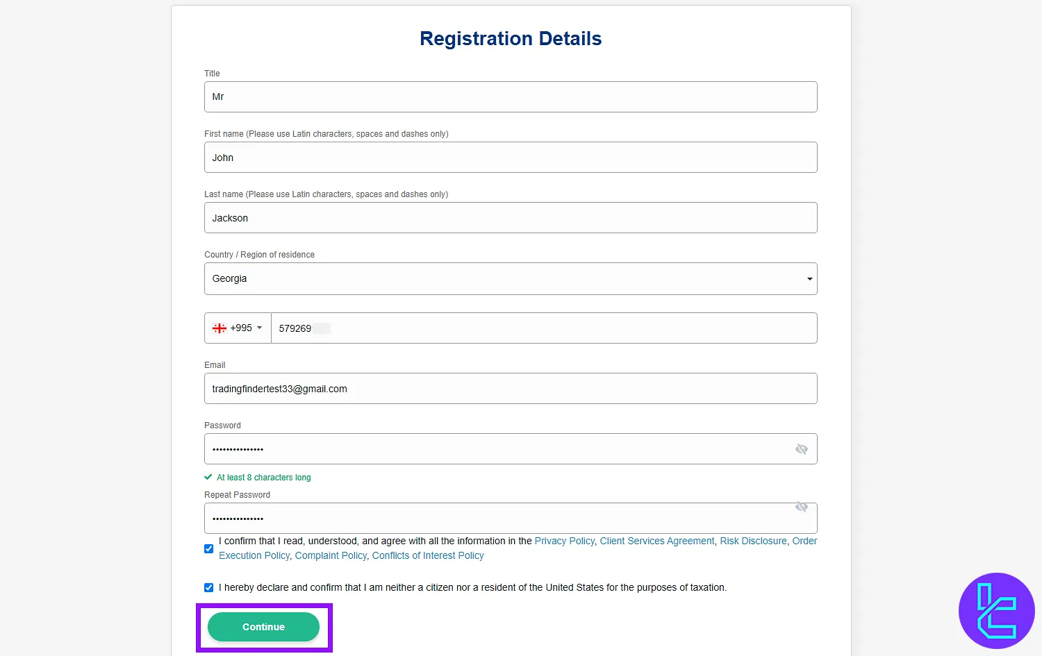 XS.com account creation form with personal details