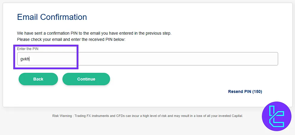 XS.com account creation page for email verification code entry