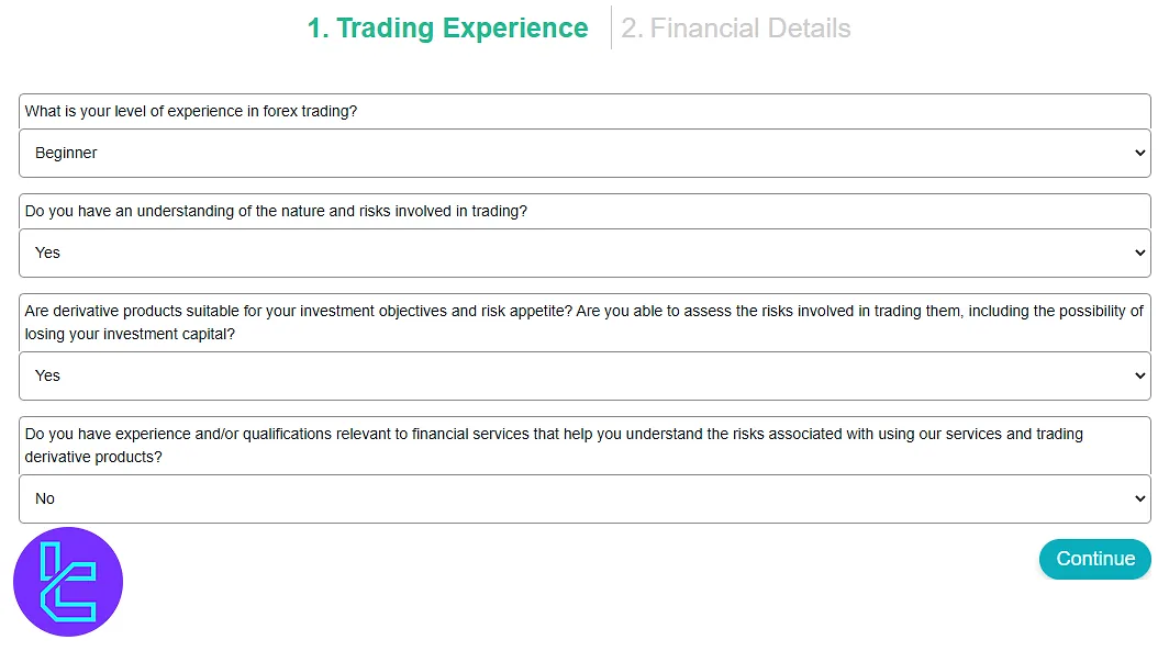 Trading experience questionnaire for XS.com account creation