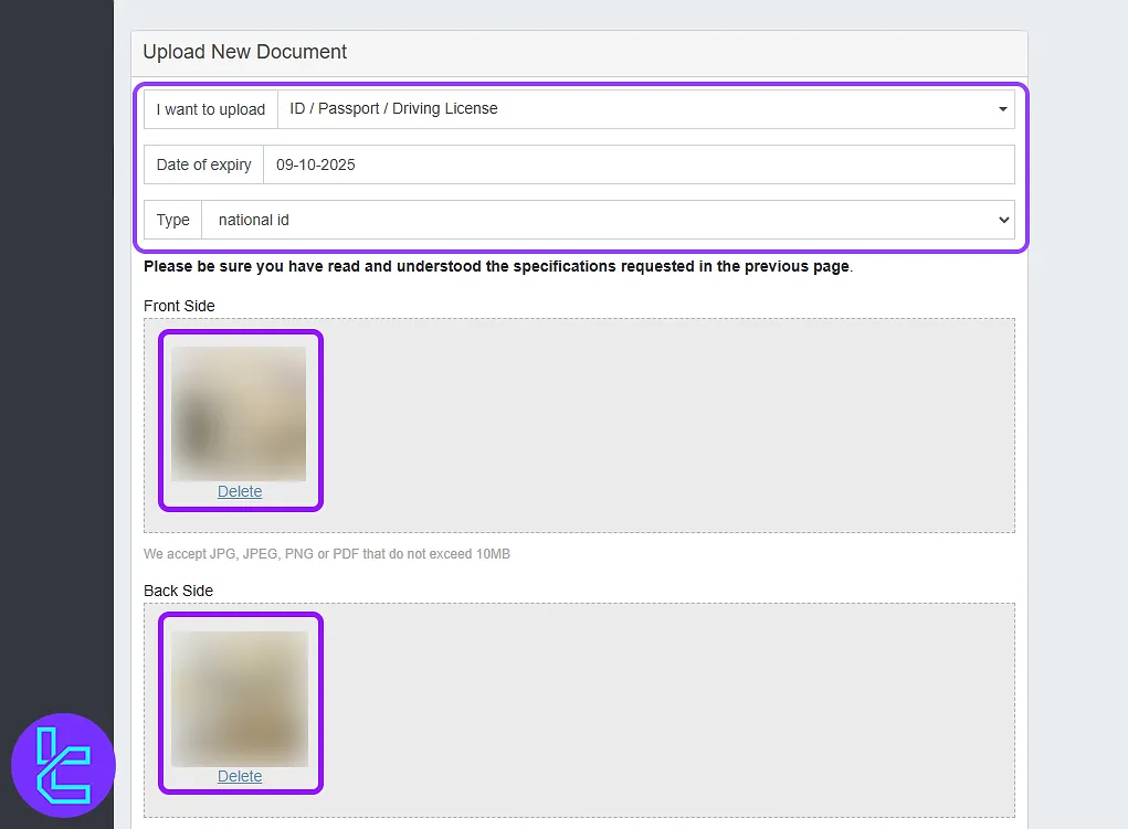 The Key To Markets validation POI document upload