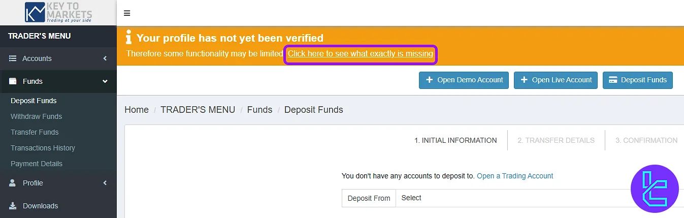 Accessing Key To Markets KYC from the dashboard