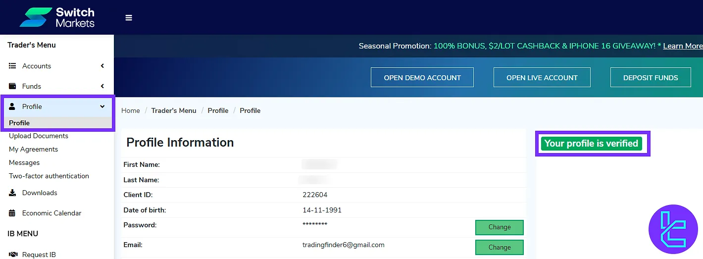 Switch Markets profile dashboard showing the KYC status