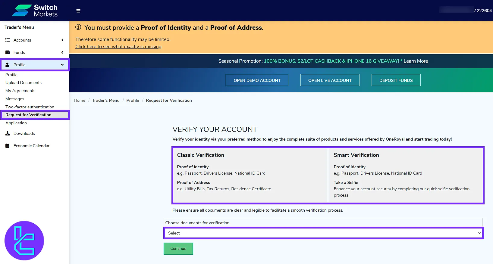 Switch Markets profile dashboard access and request verification option