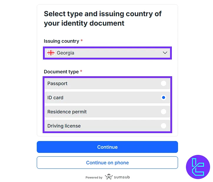 Selecting country and document type for NAGA identity approval