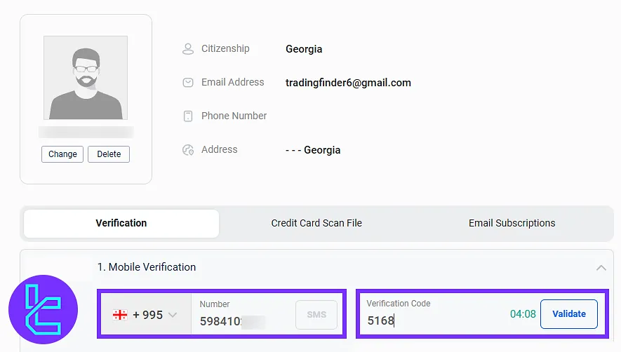 Entering mobile phone number and requesting SMS code for Land Prime KYC
