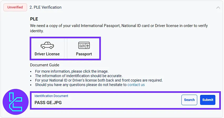 Uploading proof of identity document for the Land Prime KYC process